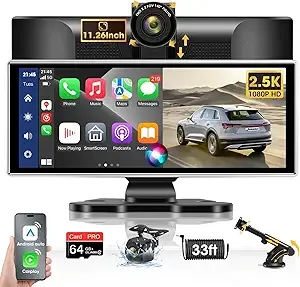 2025 Exclusive 11.26'' Portable Wireless Apple CarPlay Screen for Car & Android Auto Car Stereo, 2.5K Dash Cam 1080P Backup Camera car Audio Receivers/GPS Navigation/Voice Control for All Vehicles